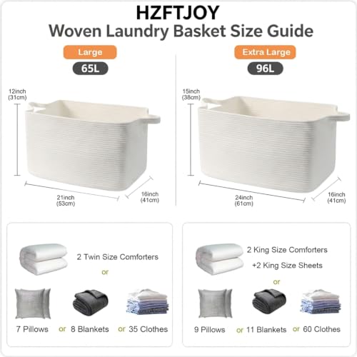 65L Large Laundry Basket with Handles,Woven Blanket Basket,White - color: White, size: 65L