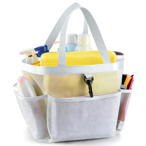 LOYEE Mesh Shower Caddy Portable for College Dorm Room Essentials with 8 Pockets, Shower Bag for Beach, Swimming, Gym, Travel, Bathroom(All white) - color: All white