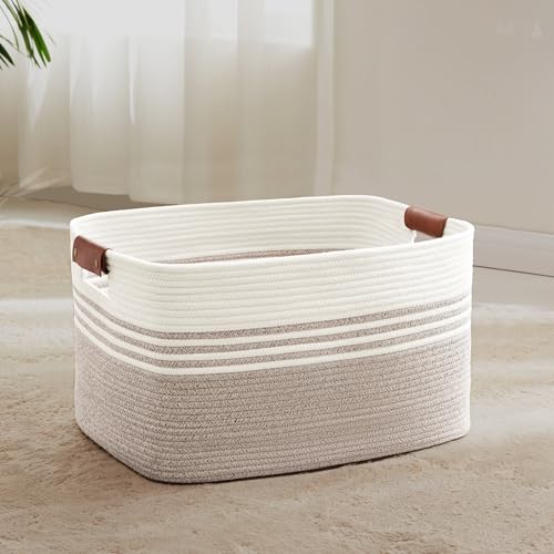60L Woven Laundry Basket Hamper with Leather Handles,Brown - color: Brown, size: 60L