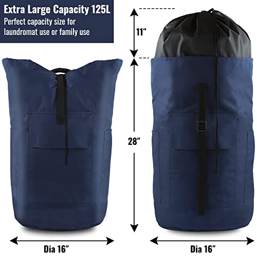 Laundry Bag Backpack 125L Extra Large, Heavy Duty 900D Coated Oxford Fabric, 3 Pockets Durable Travel Laundry Bags with Soft Padded Shoulder Straps for College Dorm, Apartment, Laundromat (Dark Blue) - color: Dark Blue