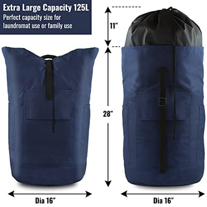 Laundry Bag Backpack 125L Extra Large, Heavy Duty 900D Coated Oxford Fabric, 3 Pockets Durable Travel Laundry Bags with Soft Padded Shoulder Straps for College Dorm, Apartment, Laundromat (Dark Blue) - color: Dark Blue