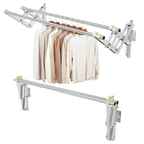 Foldable Wall Mounted Clothes Rack- Double 44'' Long Rod & 2 Thick Bases - style: 44 inches length X 2 rows