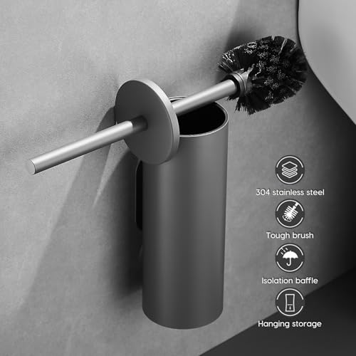 Gray Toilet Brush and Holder Set Stainless Steel No-Punch Hook Base - color: Gray
