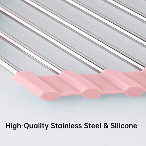 Tomorotec Triangle Foldable Dish Drying Rack, Small Roll-Up Stainless Steel Over Sink Drainer for Kitchen Sink Corner, Rustproof Multipurpose Organizer(Pink) - color: Pink