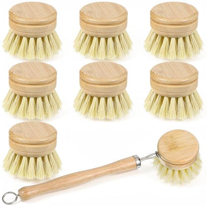 8 Pcs Bamboo Dish Brush with Handle, Natural Sisal Bristle Scrubber Includes 7 Replacement Brush Heads Wooden Kitchen Dish Brushes for Pots, Pans, Bowls, Dishes Cleaning