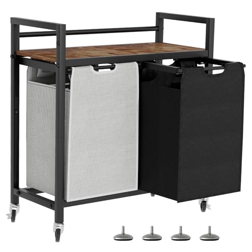 SwaaVee Laundry Sorter, Laundry Hamper with Wooden Top Shelf, 2×14.5Gal(110L), Metal Frame laundry basket with wheels, Pull out and Removable Laundry Bags, 2 Bags-Black Grey - color: Black-Grey