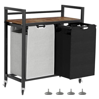 SwaaVee Laundry Sorter, Laundry Hamper with Wooden Top Shelf, 2×14.5Gal(110L), Metal Frame laundry basket with wheels, Pull out and Removable Laundry Bags, 2 Bags-Black Grey - color: Black-Grey