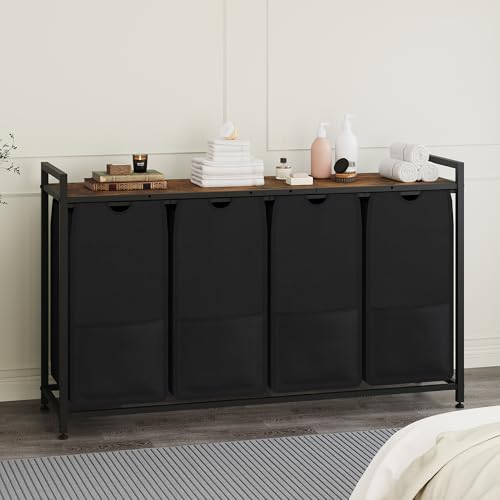 47-Inch Wide Laundry Sorter, 4 Section Hamper Basket Organizer - size: 4 Bags-194L / Rustic Brown + Black