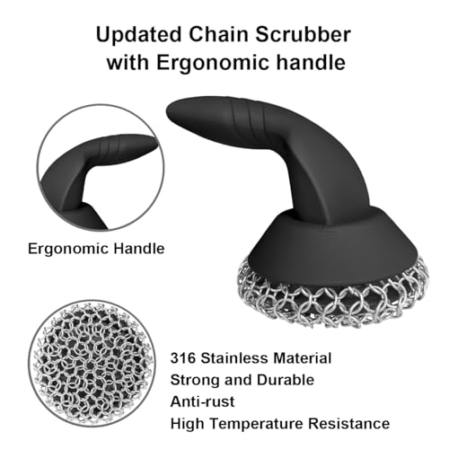 Cast Iron Scrubber with Pan Scraper & Towl, 316 Chainmail Scrubber with Long Handle, Upgraded Chain Mail Scrubber Cleaner for Grill Pan Skillet Wok Carbon Steel Dutch Oven Metal Brush (Black) - color: Black