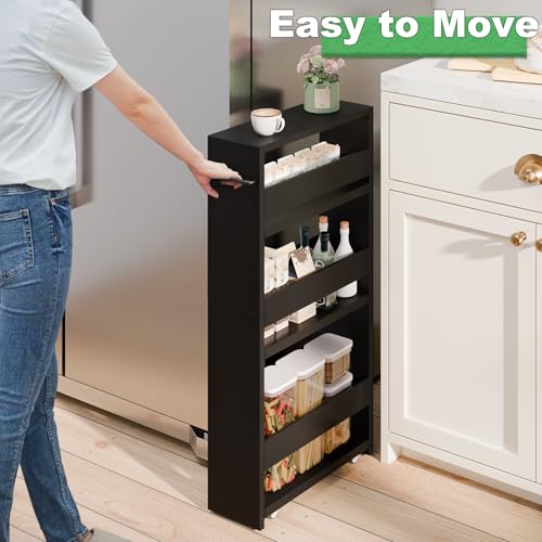 MARTY Slim Rolling Storage Cart, Wood Utility Kitchen Bathroom Laundry Cart - color: All Black, size: 5.51"D x 15.75"W x 31.5"H