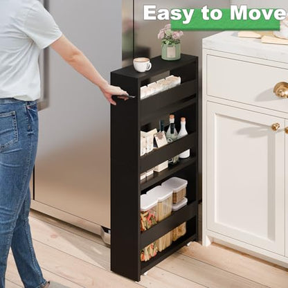 MARTY Slim Rolling Storage Cart, Wood Utility Kitchen Bathroom Laundry Cart - color: All Black, size: 5.51"D x 15.75"W x 31.5"H
