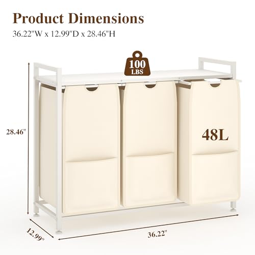 Laundry Sorter 36.6x13x28.5 in, White 3-Section Hamper - size: 3 Bags-145.5L / White + Beige