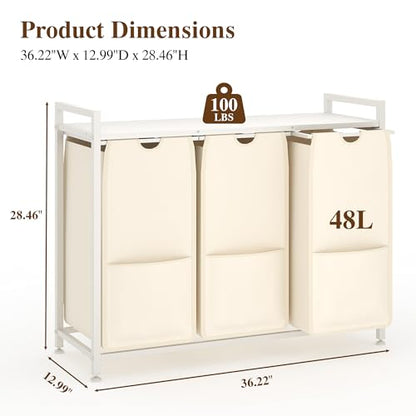 Laundry Sorter 36.6x13x28.5 in, White 3-Section Hamper - size: 3 Bags-145.5L / White + Beige