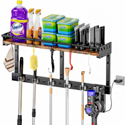 Broom Holder Wall Mount with Shelf, Black, L - color: Black, size: L