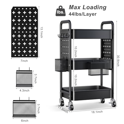 3 Tier Black Rolling Storage Cart Metal with DIY Pegboard and Wheels - color: Black