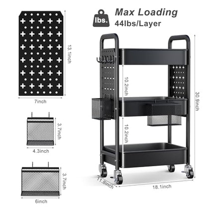 3 Tier Black Rolling Storage Cart Metal with DIY Pegboard and Wheels - color: Black