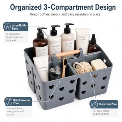 Gray Portable Shower Caddy, Plastic Basket Organizer with Wooden Handle - color: Gray