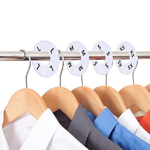 40 Pack Round White Plastic Clothing Size Closet Rack Dividers Hangers, Preprinted in 8 Sizes XXS, XS, S, M, L, XL, XXL, XXXL (Outer 3.5”, Inner Diameter 1.38”) - color: 40 Pack/White-printed