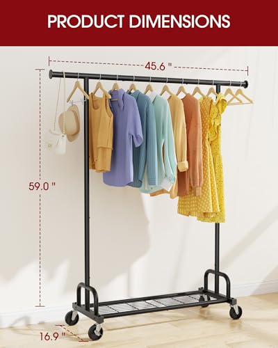 Sakugi Clothes Rack - Large-Capacity Clothing Racks for Hanging Clothes with Lockable Wheels, Space-Saving Metal Coat Rack for Bedroom, Laundry Room, Entryway, 45.6" x 16.9" x 59", Black - color: Black, size: 45.6" x 16.9" x 59"(1 Rod)