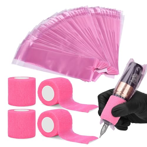 200PCS Tattoo Pen Covers with Self-adhesive Strip 4PCS Tattoo Grip Wrap Bandages Tattoo Machine Bags Tattoo Supplies Accessories (Pink, 200pcs Bags+4pcs Tape) - color: Pink, size: 200pcs Bags+4pcs Tape