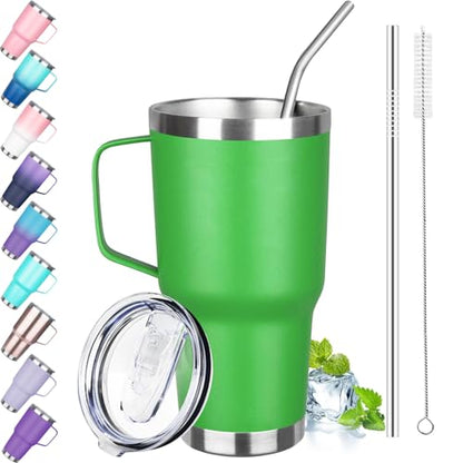 30 oz Tumbler with Handle, Stainless Steel Insulated Tumbler with Lid and Straw, Double Wall Vacuum Coffee Mug Tumbler, Insulated Coffee Thermal Cup for Cold and Hot (Fruit Green) - color: Fruit Green, size: 30 Ounces