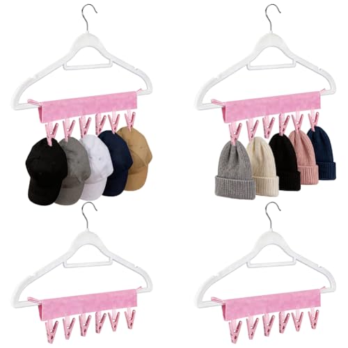 WADORN 4 Pack Travel Hanger Clips, Baseball Cap Hangers with 6 Clips Foldable Clothes Hanger Clip Compact Folding Sock Clip for Swimsuit Towel Underwear Dorms Camping Fits All Size Hangers, Pink - color: Pink