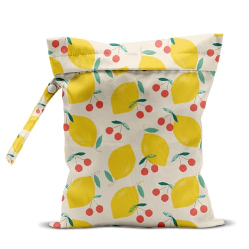 Wet Bag, Wet Dry Bag, Waterproof Swim Bags, Machine Washable Reusable Bags for Beach, Pool, Diapers, and Dirty Yoga Gym Clothes(Lemon & Cherry Design - color: Off - White Hand - Drawn Lemon & Cherry