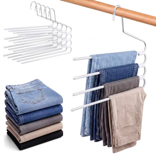 Unittype 5 Pack Space Saving Pants Hangers, 4-Tier Multi Layer S-Shape Closet Organizers, Non-Slip Metal Jeans Rack for Slacks Trousers Scarf, Heavy Duty Wardrobe Storage System(White) - color: White