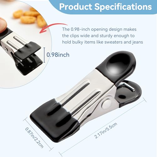 Heavy Duty Clothes Pins, 30 Pack 2.17 Inch Stainless Steel Chip Clips with Rubber, Metal Clothespins, Multipurpose Bag Clips for Food Storage, Laundry Clothesline, Socks (Black) - color: Black