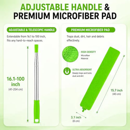 Retractable Gap Dust Cleaner with Extension Pole & 3 Microfiber Cloths - color: Green