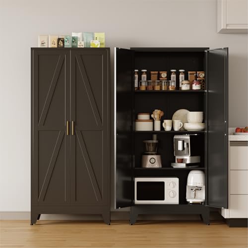 COFaR 61'' Tall Metal Storage Cabinet, Farmhouse Kitchen Pantry Cabinet with Doors and 3 Adjustable Shelves, Black Metal Cabinets for Garage, Kitchen, Bathroom, Laundry, 4-Tier - color: Black, size: 61'' 2 Doors 0 Drawer-Tree Door