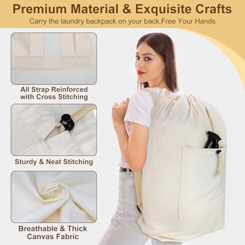 Laundry Bag Backpack, Canvas Laundry Bag with Straps & Drawstring, Beige XL - color: Beige, size: X-Large
