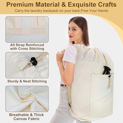 Laundry Bag Backpack, Canvas Laundry Bag with Straps & Drawstring, Beige XL - color: Beige, size: X-Large