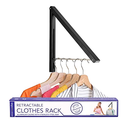 Single Foldable Clothing Rack, Wall-Mounted Retractable Clothes Hanger for Laundry Dryer Room, Hanging Drying Rod, Small Collapsible Folding Garment Racks, Dorm Accessories (Black) - color: Black