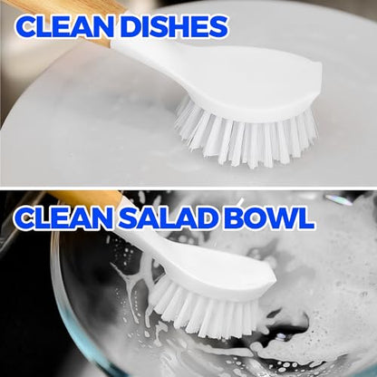Holikme 3 Pack Dish Brush with Bamboo Handle Cleaning Brush,White - color: White