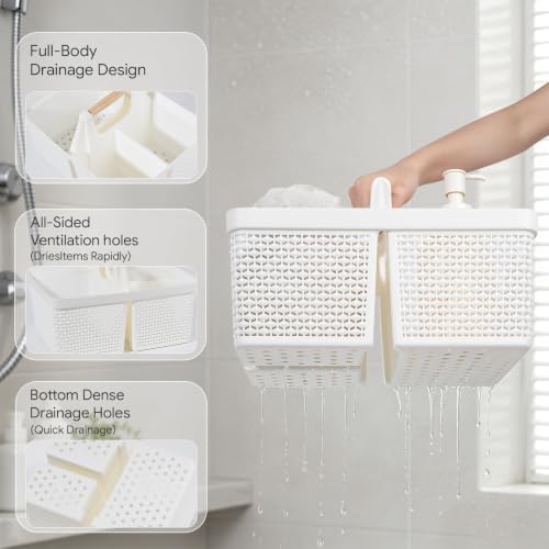UUJOLY Portable Plastic Shower Caddy Basket with Wooden Handle, White - color: White