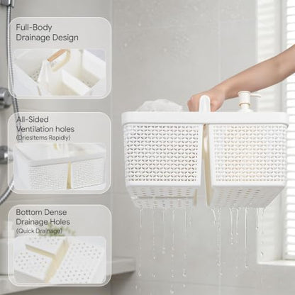 UUJOLY Portable Plastic Shower Caddy Basket with Wooden Handle, White - color: White