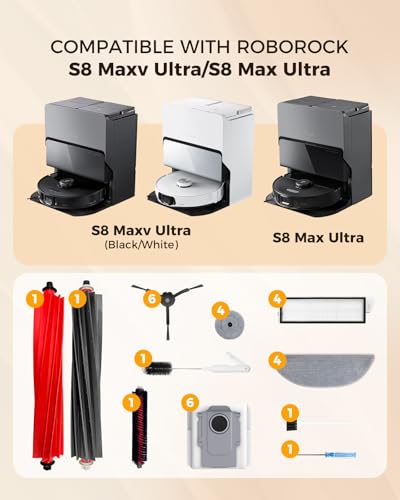 30pcs S8 MaxV Ultra Accessories Kit for Roborock S8 Max Ultra Robot Vacuum Cleaner, Replacement parts with 6 Activated Carbon Dust Bags, 2 Main Brushes, 4+4 Mop Cloths, 4 HEPA Filters, 6 Side Brushes - size: S8 MaxV Ultra/S8 Max Ultra
