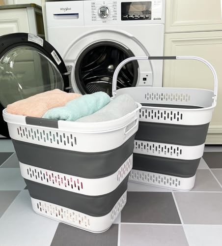 SAMMART 40L (10.5 Gallon) Collapsible Plastic Laundry Basket with Handles - Foldable Pop Up Storage Container/Organizer - Portable Laundry Hamper - Space Saving (2, White/Steel Grey) - color: White/Steel Grey