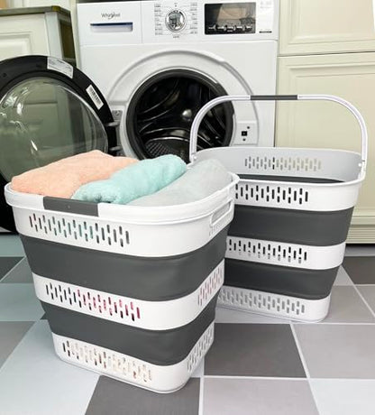 SAMMART 40L (10.5 Gallon) Collapsible Plastic Laundry Basket with Handles - Foldable Pop Up Storage Container/Organizer - Portable Laundry Hamper - Space Saving (2, White/Steel Grey) - color: White/Steel Grey