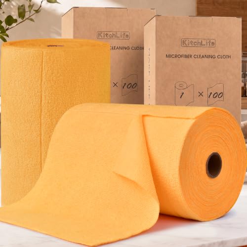KitchLife Microfiber Cleaning Cloth Roll, 200 Pack - Tear-Away Microfiber Paper Towels, Lint-Free, Reusable, Washable for Kitchen, Car, Dishes, and Sensitive Surfaces (Tangerine Yellow) - color: Tangerine Yellow, size: 100 Pack x 2