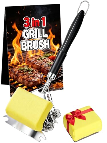 3-in-1 Bristle-Free Grill Brush & Scraper with Safety Sponge, 18" Detachable Long Handle BBQ Cleaner for Heavy Duty Grime, Summer BBQ & Outdoor Party Essential (Black) - color: Black