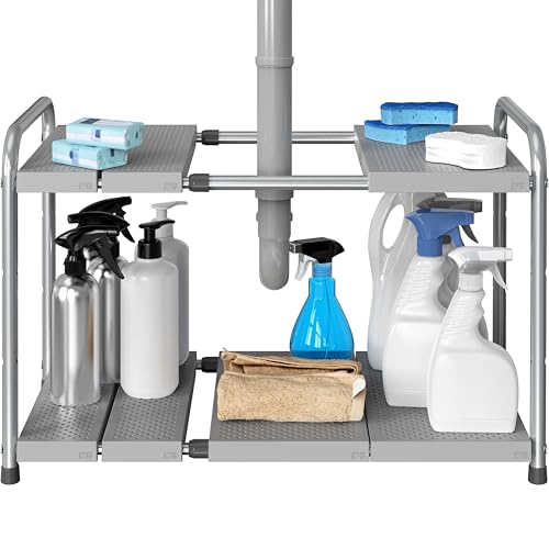 Simple Houseware Under Sink 2-Tier Heavy Duty Expandable Organizer, Silver - color: Silver