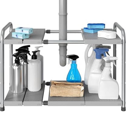 Simple Houseware Under Sink 2-Tier Heavy Duty Expandable Organizer, Silver - color: Silver