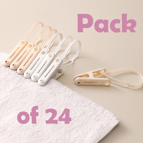 PURIPUFF 24 Pack Clothes Pins Clothes Peg Clip Pins with Plastic Rope for Clothesline Drying Clothing Clips Hooks Windproof Clothes Hanger for Hanging Socks Hats Pants Bras Underwears Towel Photo