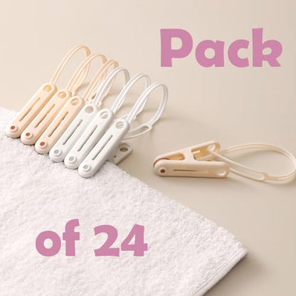 PURIPUFF 24 Pack Clothes Pins Clothes Peg Clip Pins with Plastic Rope for Clothesline Drying Clothing Clips Hooks Windproof Clothes Hanger for Hanging Socks Hats Pants Bras Underwears Towel Photo