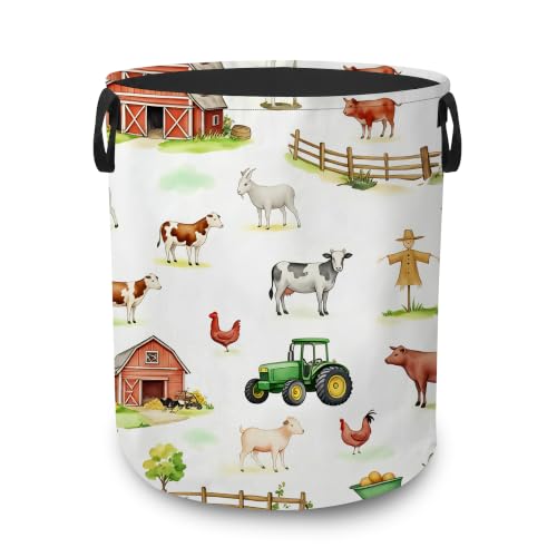 Laundry Basket,Farm Animals Foldable Clothes Hamper with Handles,Farmhouse Cow Pig Goat Waterproof Oxford Cloth Storage Organizer for Bedroom Bathroom College Dorm,16" x 20" - color: Farm Animals,Farmhouse Cow Pig Goat