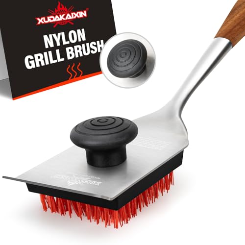 XUDAKAIXIN Nylon Grill Brush, Dual Grip Design, with Extended Luxurious Acacia Wood Handle, Safe Nylon Bristles Barbecue Outdoor Grill Brush for Cooled Grates(Red) - color: Red