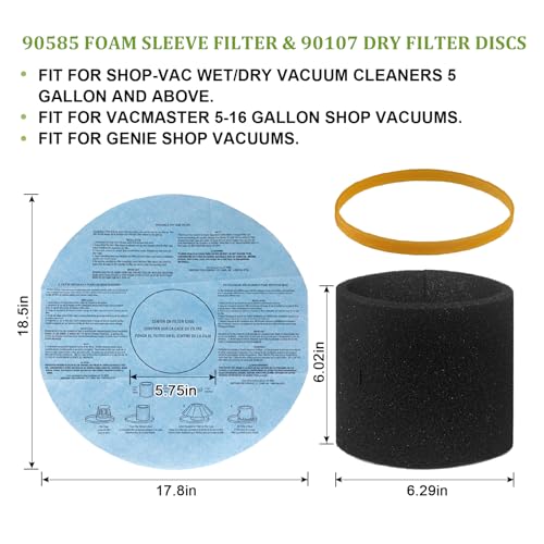 90585 Foam Sleeve & 9010700 Reusable Dry Disc Filter With Retaining Band Compatible With Most Shop-Vac, Vacmaster & Genie Shop Vacuum Cleaner, VF2002 Dry Disc. Part #9010700 and 9013700 - style: 90585*3+90107*6