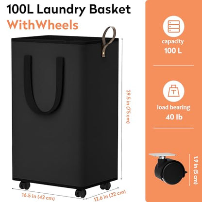 SpaceTrove Rolling Laundry Basket with Wheels, Laundry Hamper, 100L, Black - color: Black, size: 100L
